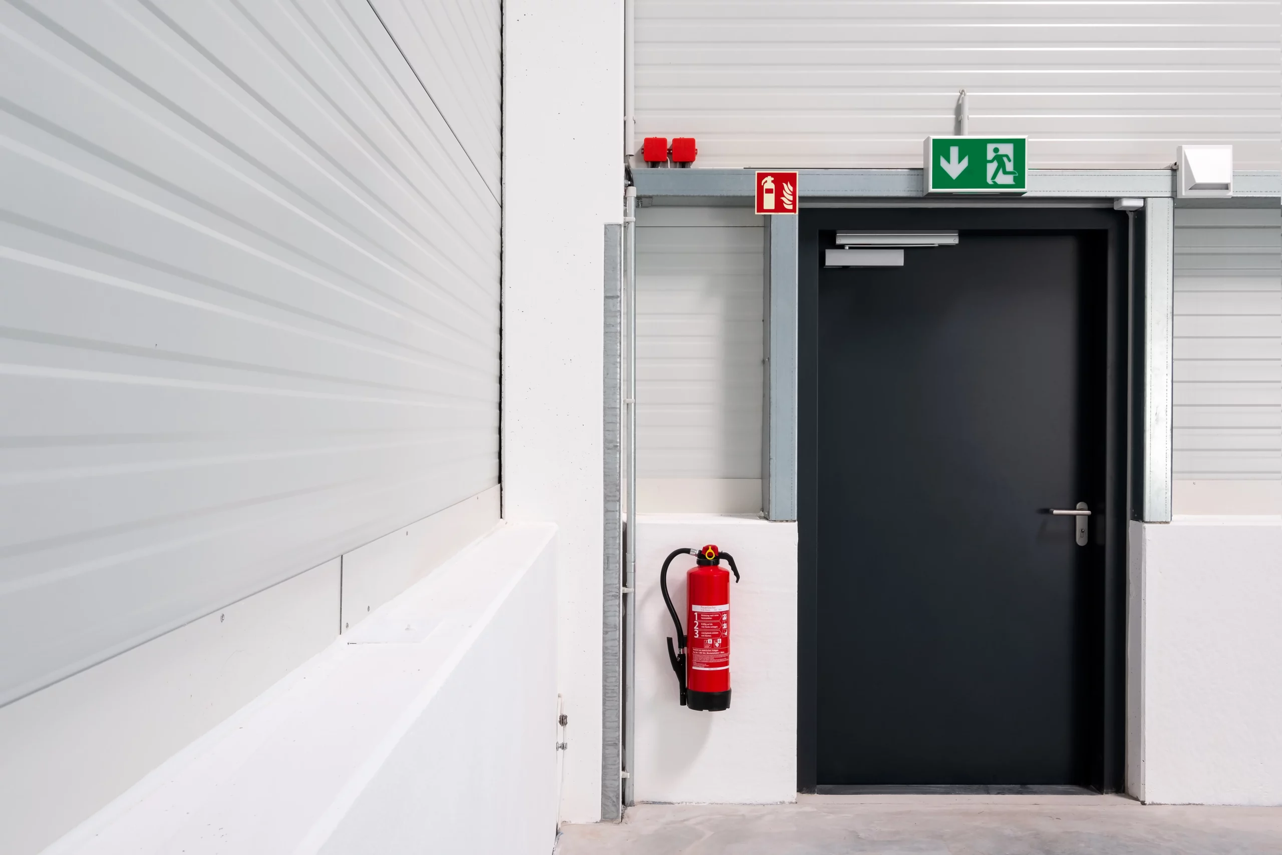 A fire door outside, with a fire exit sign , and extinguisher.