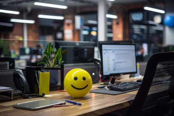 Photo depicting a smiley face on an employees desk to improve employee engagement.