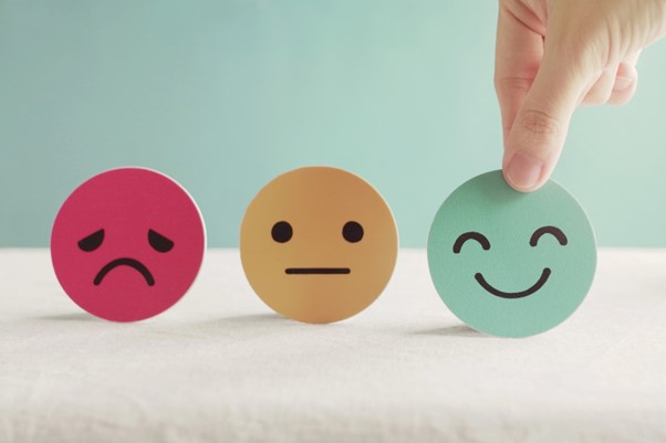 Photo of three smiley faces, sad, neutral and happy, after treatment interventions to help with physical illnesses.